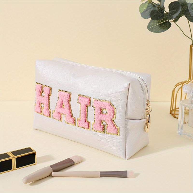 Portable Preppy Patch Makeup Bag Chenille Letter Embroidery - Temu