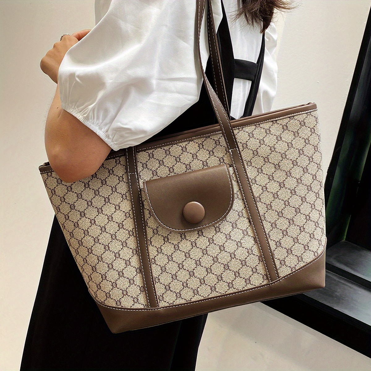 Elegant Vintage Tote Bag, Classic Geometric Pattern Shoulder Bag
