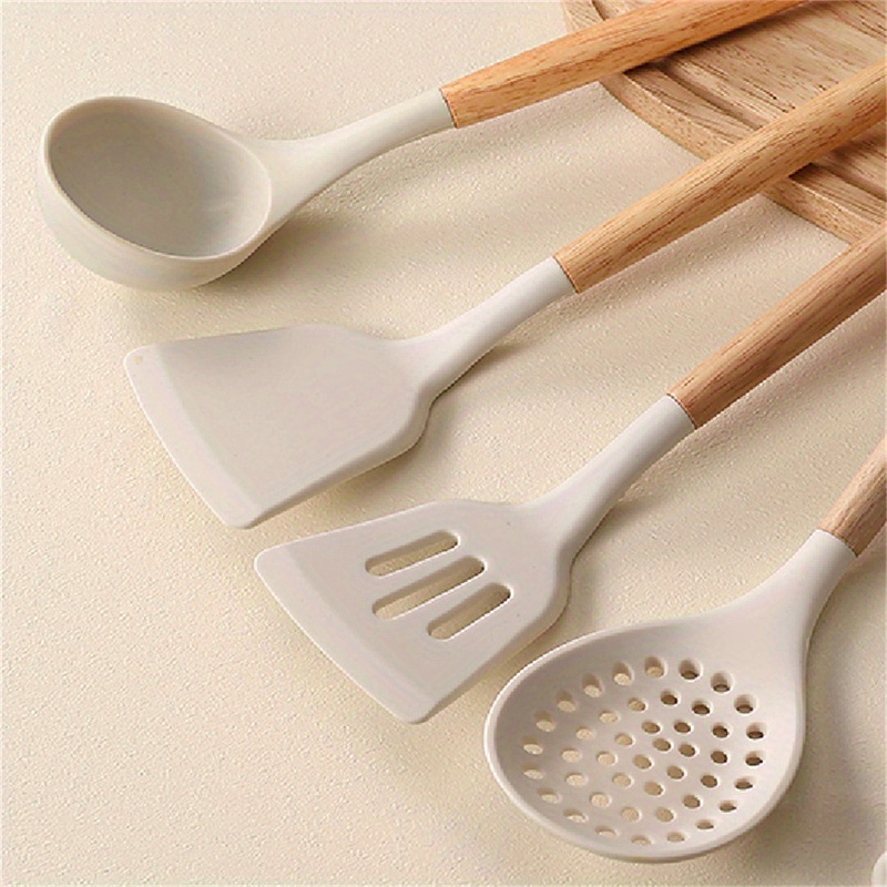 Silicone Kitchen Utensils Set With Wooden Handle Heat - Temu