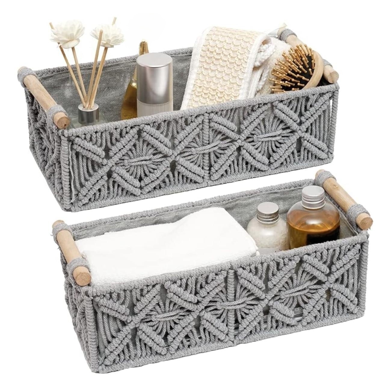 Storage Basket Wicker Baskets for Organizing with Handle Decorative Storage  Bins for Countertop Toilet Paper Storage Basket for Toilet Tank Top Small  Baskets Set (Set of 2,Grey)