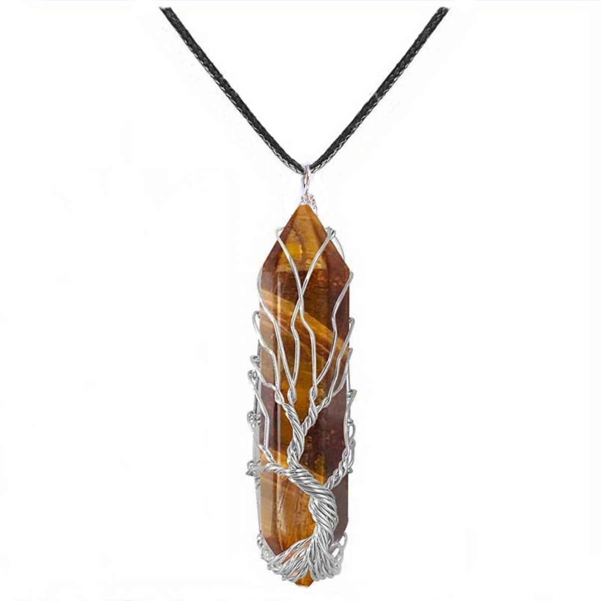 1pc healing crystal necklace tree of life wire wrapped natural stone point pendant necklace hexagonal reiki spiritual quartz gemstone jewelry for women men tiger eye 11
