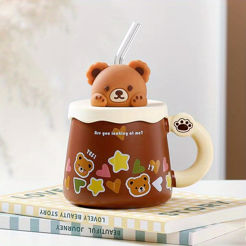 1pc, Home And Aesthetics Coffee Mug With Bear Lid And Spoon, 400ml/14oz  Glossy Ceramic Coffee Cups, Cute Kawaii Couple Water Cups, Summer Winter  Drink