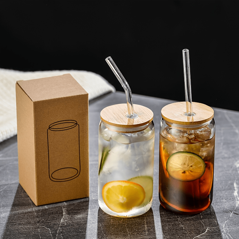 Glass Can With Bamboo Lid, Glass Straw And Straw Brush, Iced Coffee Glass  Cup, Chisme Design Soda Glass Can For Restaurant, Coffee Shop, Juice Bar -  Temu