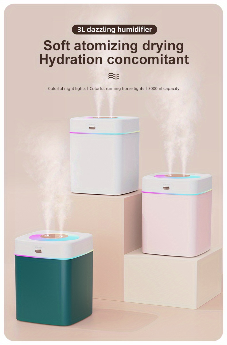 3000ml large capacity double spray led light humidifier silent large spray essential oil diffuser suitable for bedroom office and plant with 6pcs replace filters option details 0