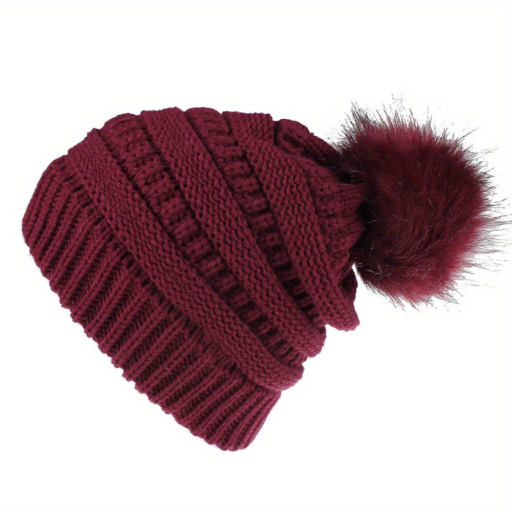 Striped Slouchy Beanie Pom Solid Color Thick Knit Hats Temu Canada