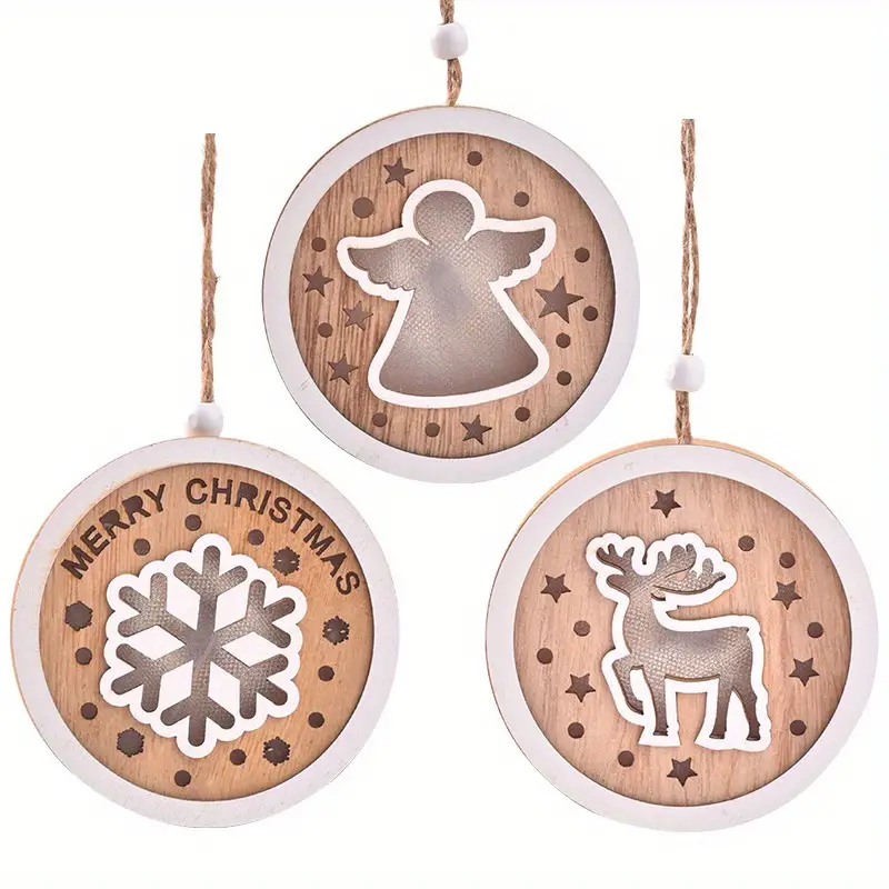 1pc 23 new christmas wooden painted christmas round light sign hanging creative hollow christmas tree decoration with lights hanging sign details 3