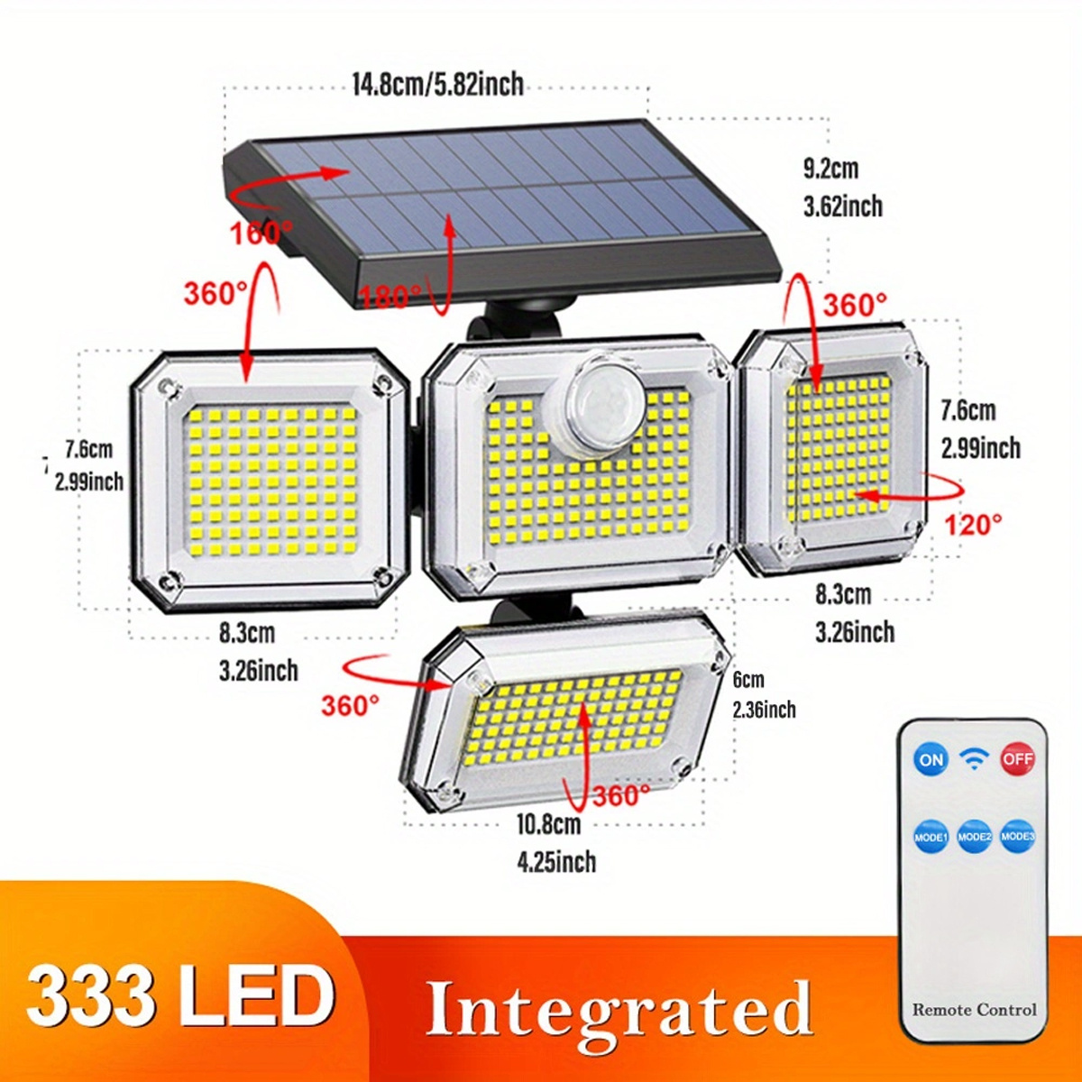 INCX Luces solares para exteriores con sensor de movimiento, 3 cabezales,  luces de seguridad alimentadas por energía solar, 118 luces LED de