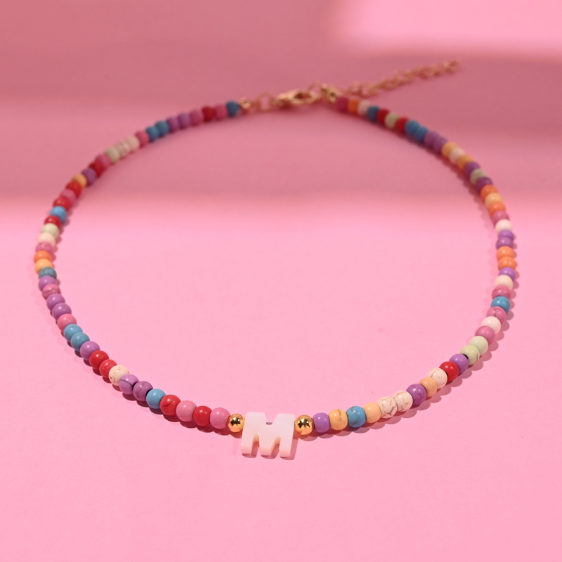 Image of Bohemian Colorful Bead Necklace For Women With Natural Mother-of-pearl Initial Pendants Featuring All , A Stylish Jewelry Accessory
