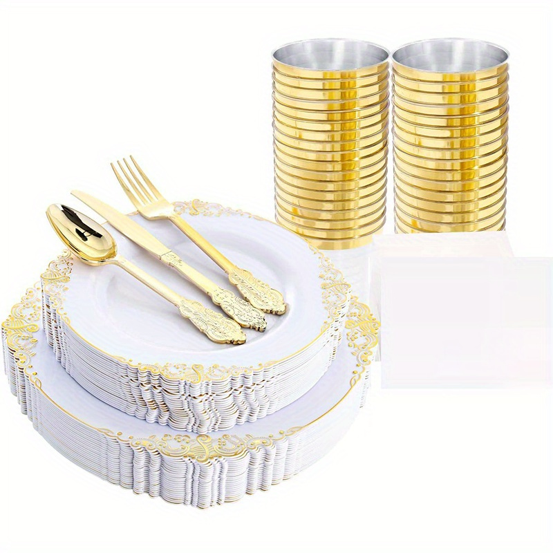 SUT 150 platos de plástico dorado, juego de vajilla desechable dorado  transparente con vasos, incluye: 25 platos llanos, 25 platos de postre, 25