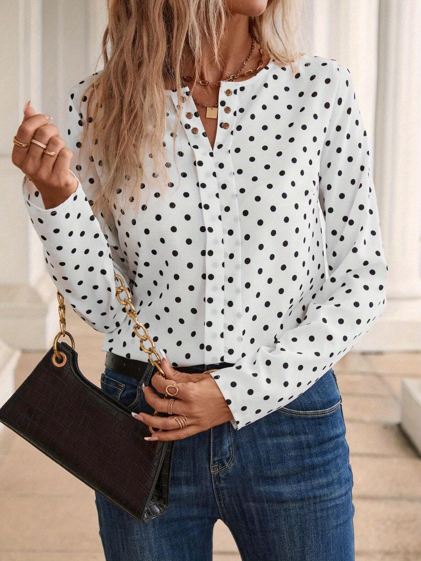 Polka Dot Print Blouse Elegant Notched Neck Long Sleeve - Temu United