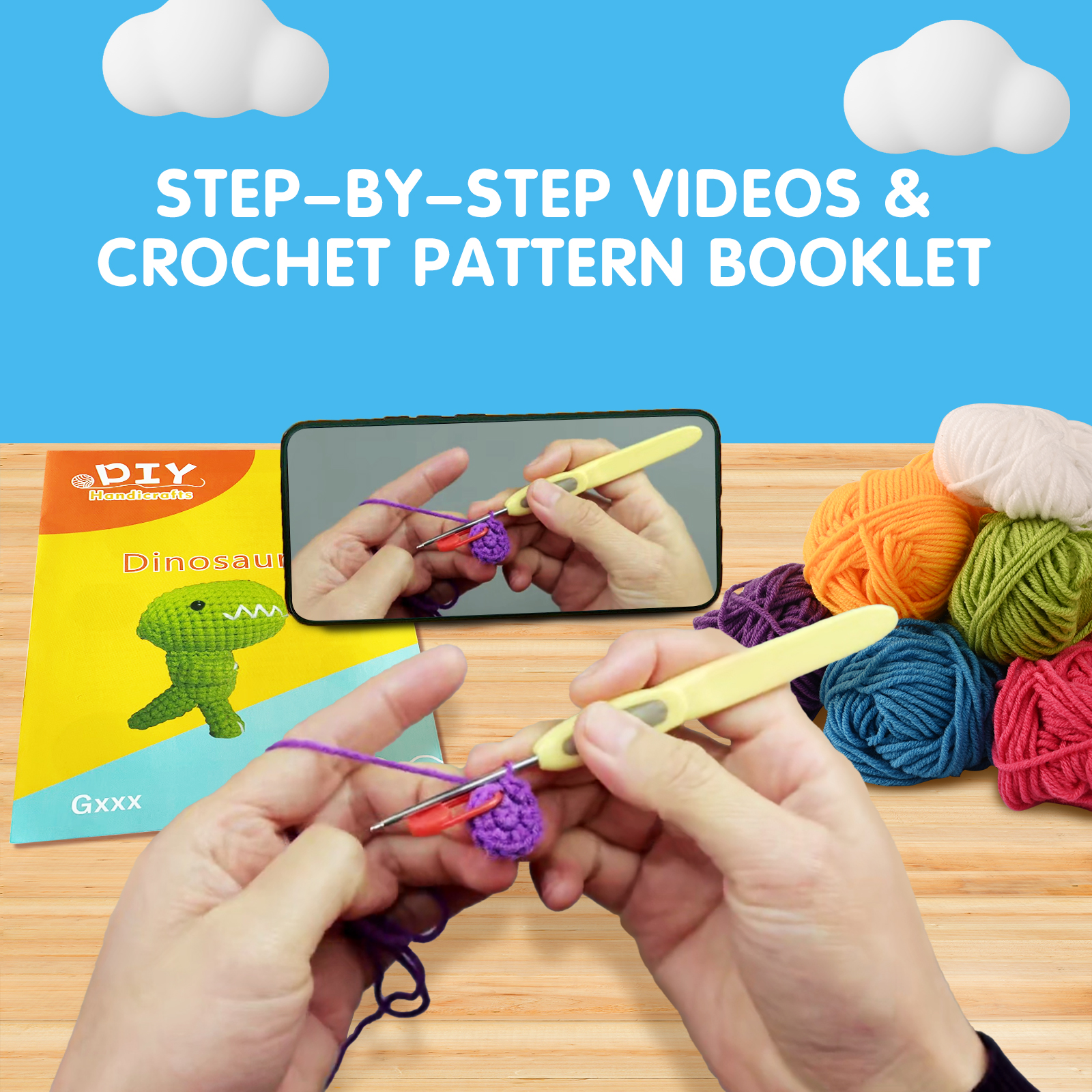 Crochet Kit For Beginners Blue Dinosaur With Easy Peasy Yarn