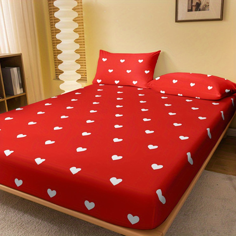 1pc fitted sheet without pillowcase red and white heart pattern printed bedding soft comfortable breathable fitted sheet for bedroom   fitted bed sheet only details 3