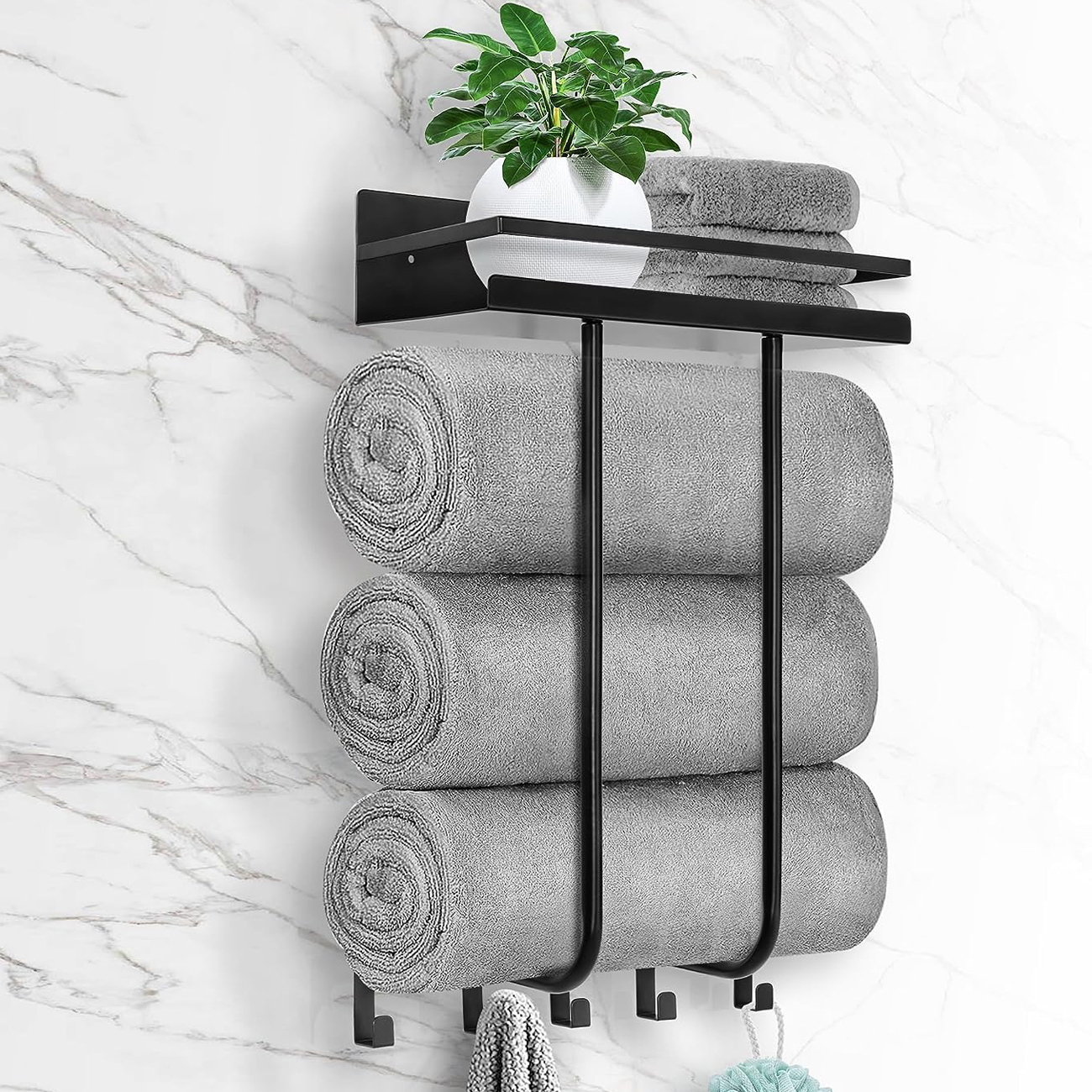 Estante de baño con toallero, toallero, soporte de pared de  40/50/60/70/31.5 in, estantes de baño de 1/2/3 niveles con 5 ganchos,  organizador adhesivo