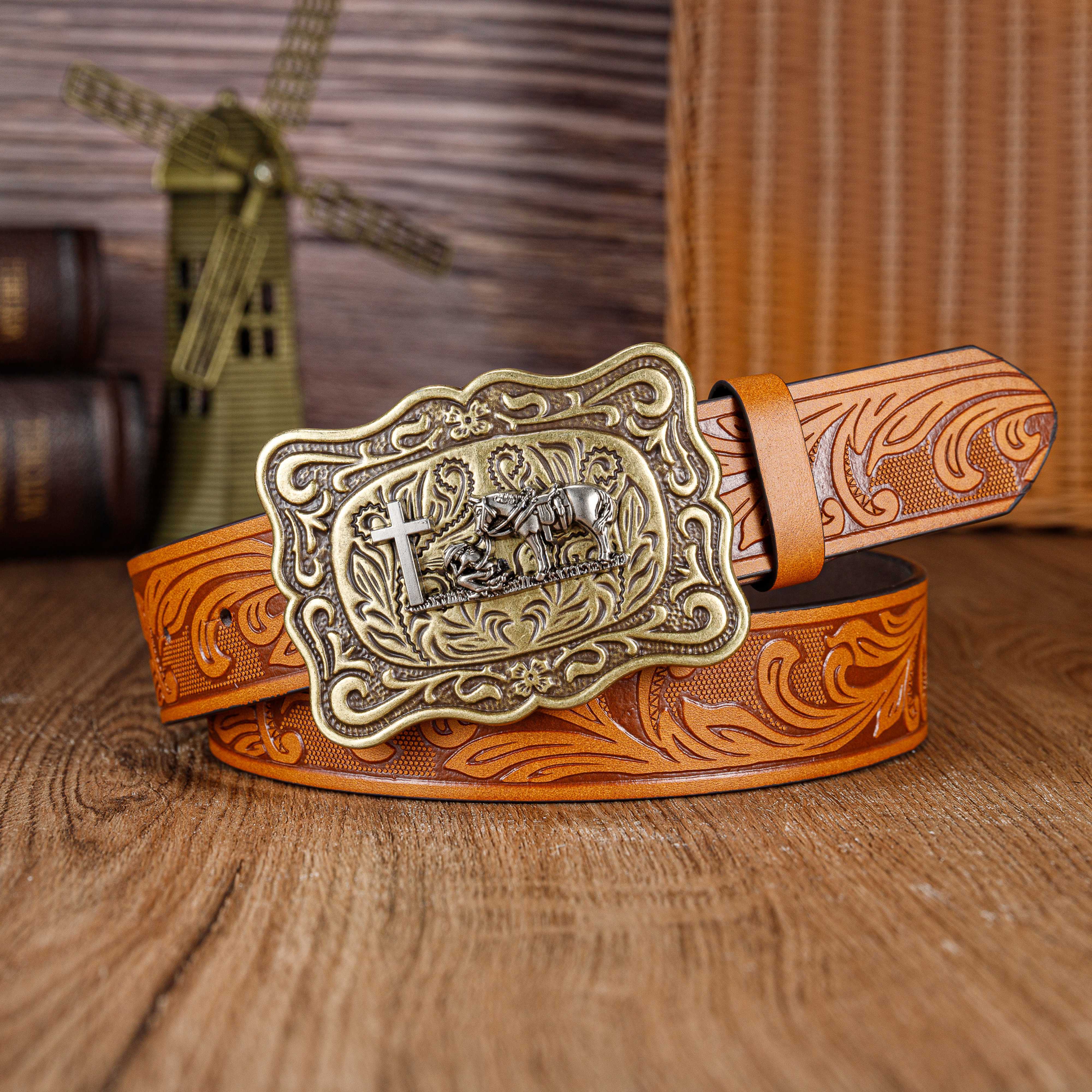 Men's Belt Retro Embossed Western Cowboy Big Buckle Punk Temu