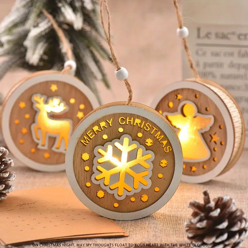1pc 23 new christmas wooden painted christmas round light sign hanging creative hollow christmas tree decoration with lights hanging sign details 0