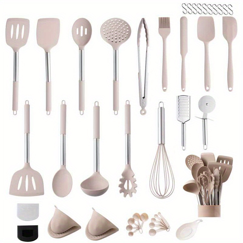 White Silicone and Gold Cooking Utensils Set with Gold Utensil Holder: 7PC  Set Includes White Utensils Set,Gold Spatula,Gold Whisk - White and Gold