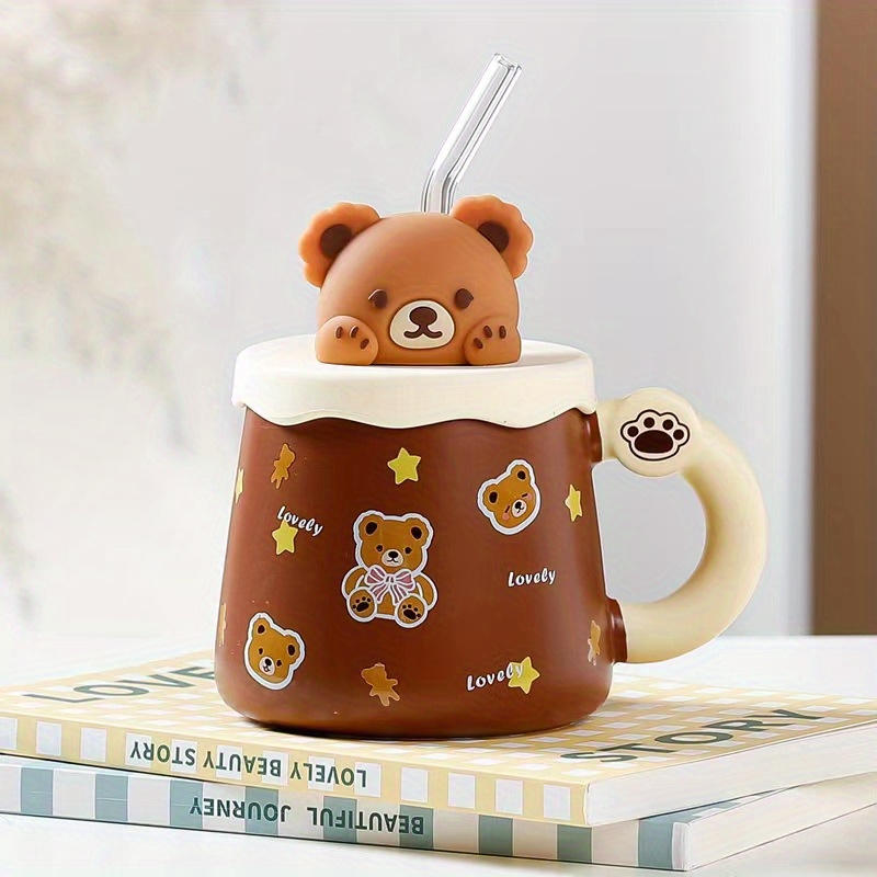 SHENDONG Cute Bear Mug Set of 4 Bear Ceramic Coffee Cups with Kawaii Bear Lid and Spoon Novelty Morning Tea Milk Mug Set for Girls Women Bear Lovers
