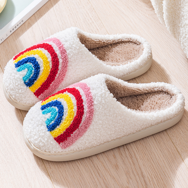 Rainbow Print Warm Home Slippers Slip On Round Toe Non slip Soft Sole Fuzzy Slides Shoes Plush Indoor Cozy Shoes