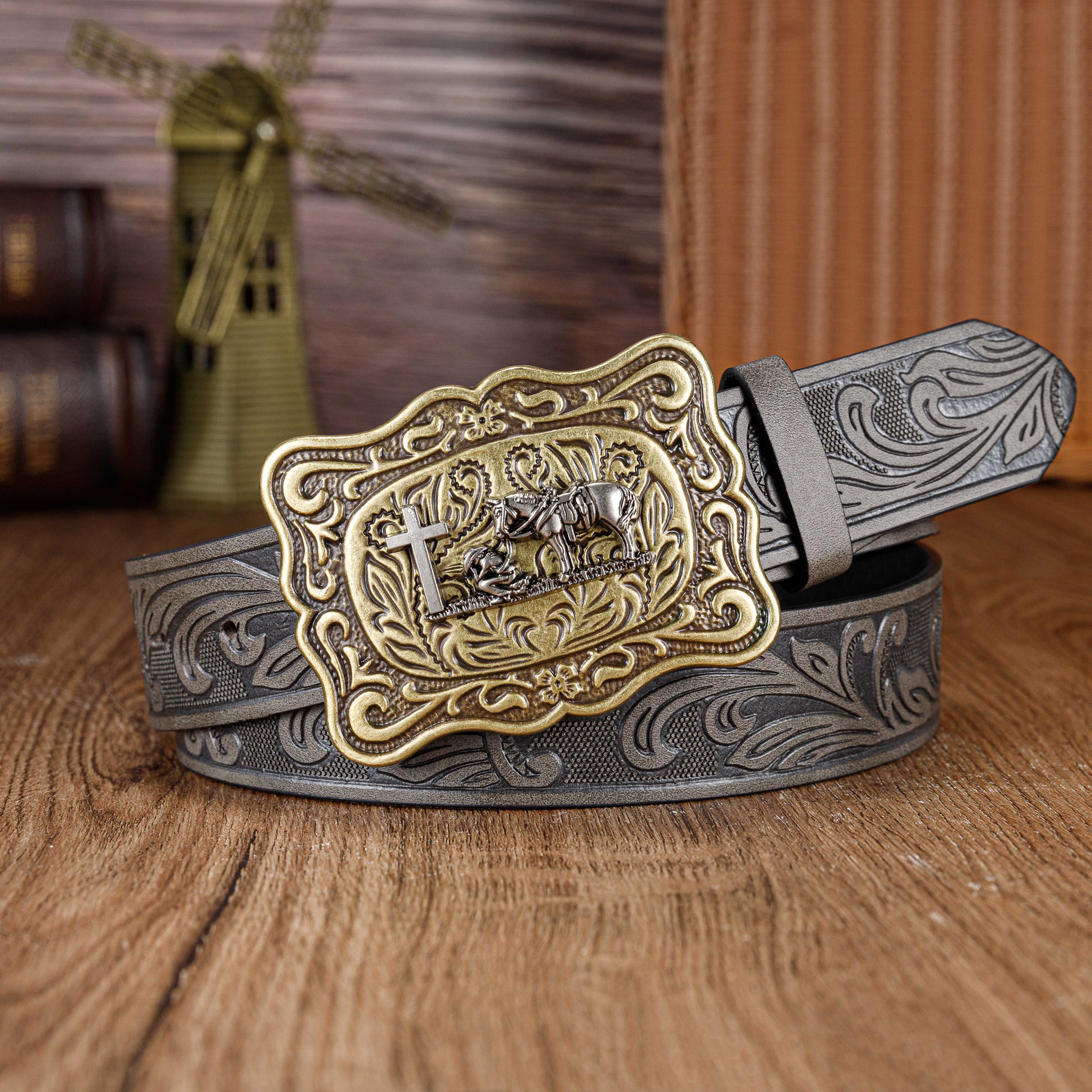 Mens Belt Retro Embossed Western Cowboy Big Buckle Punk Belt Ideal