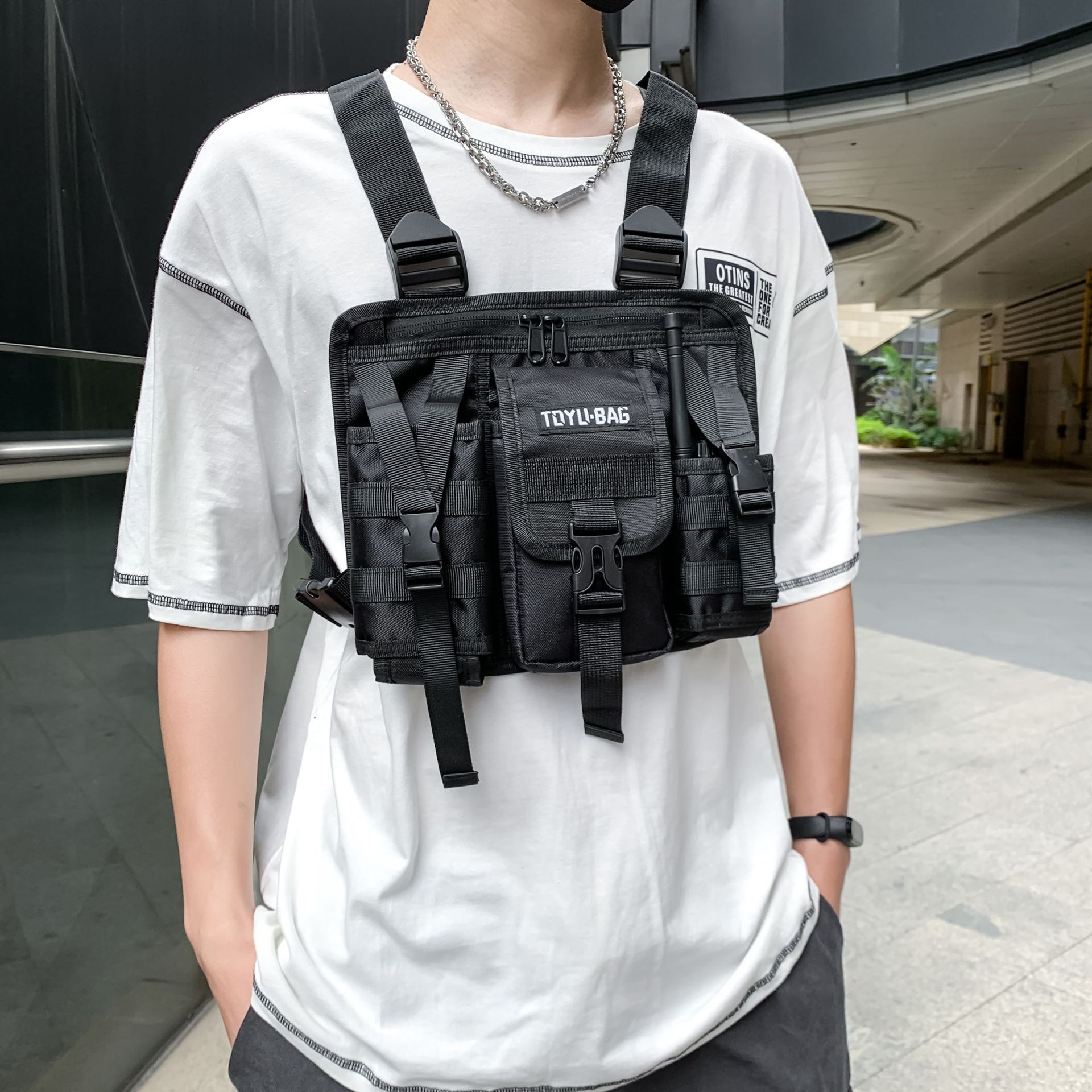 Men's Fashion Streetwear Hip-Hop Chest Rig Vest Bag Multi-Pocket Two Straps  Chest Bags For Travel Hiking Outdoor Sports