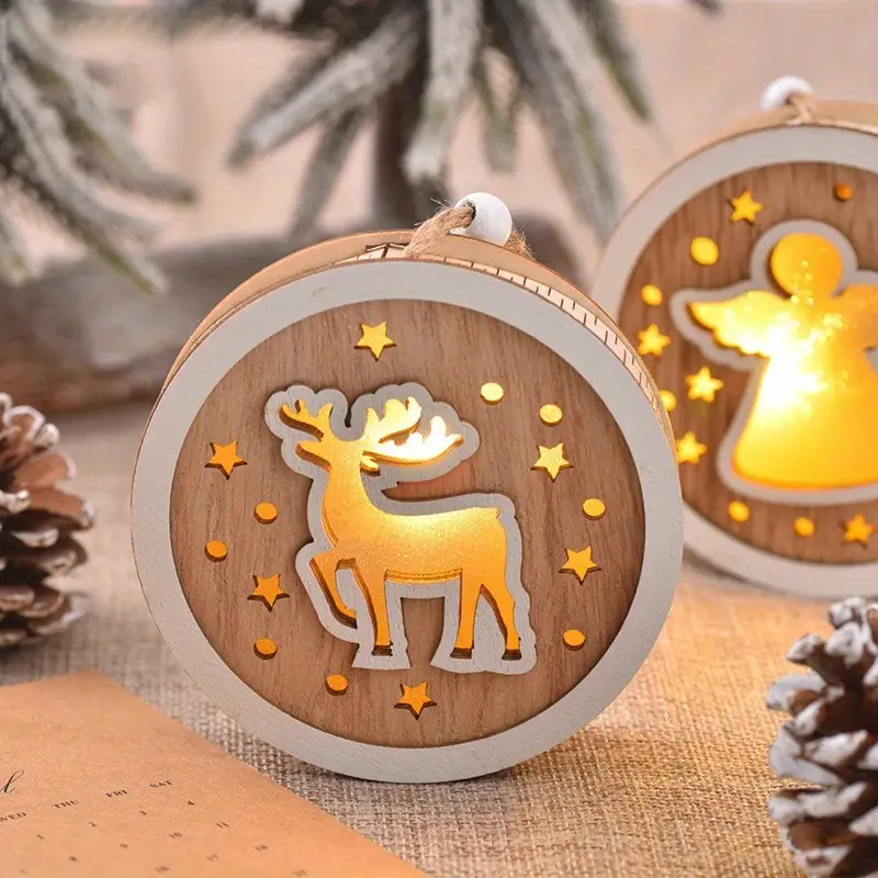 1pc 23 new christmas wooden painted christmas round light sign hanging creative hollow christmas tree decoration with lights hanging sign details 1