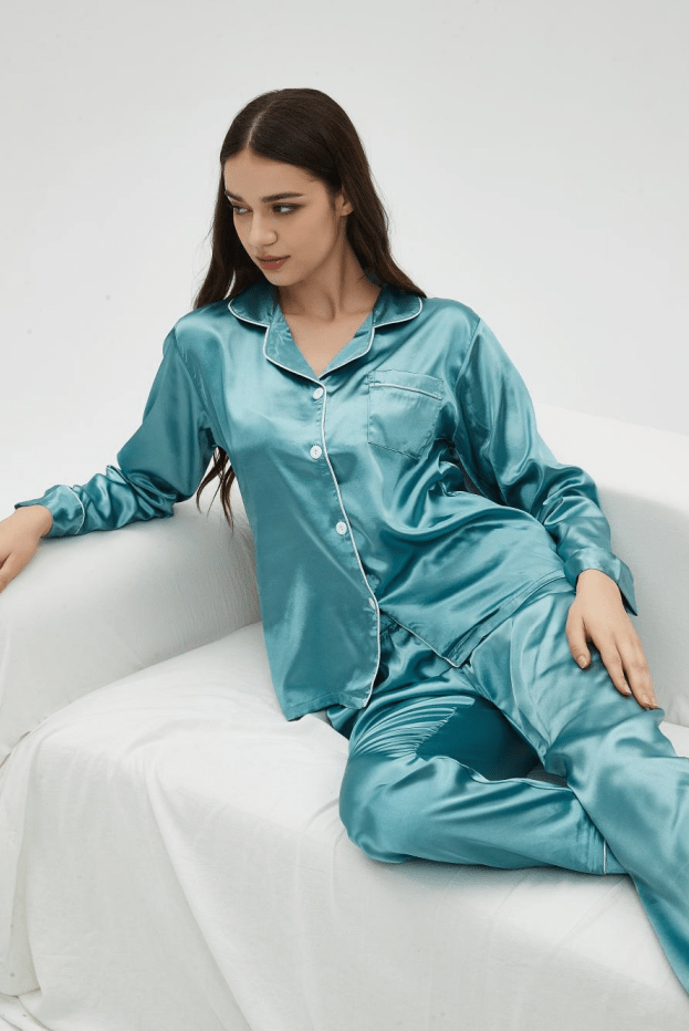 Plaid Satin Pajama Set, Long Sleeve Buttons Top & Elastic Waistband Pants,  Women's Sleepwear & Loungewear - Temu Bahrain