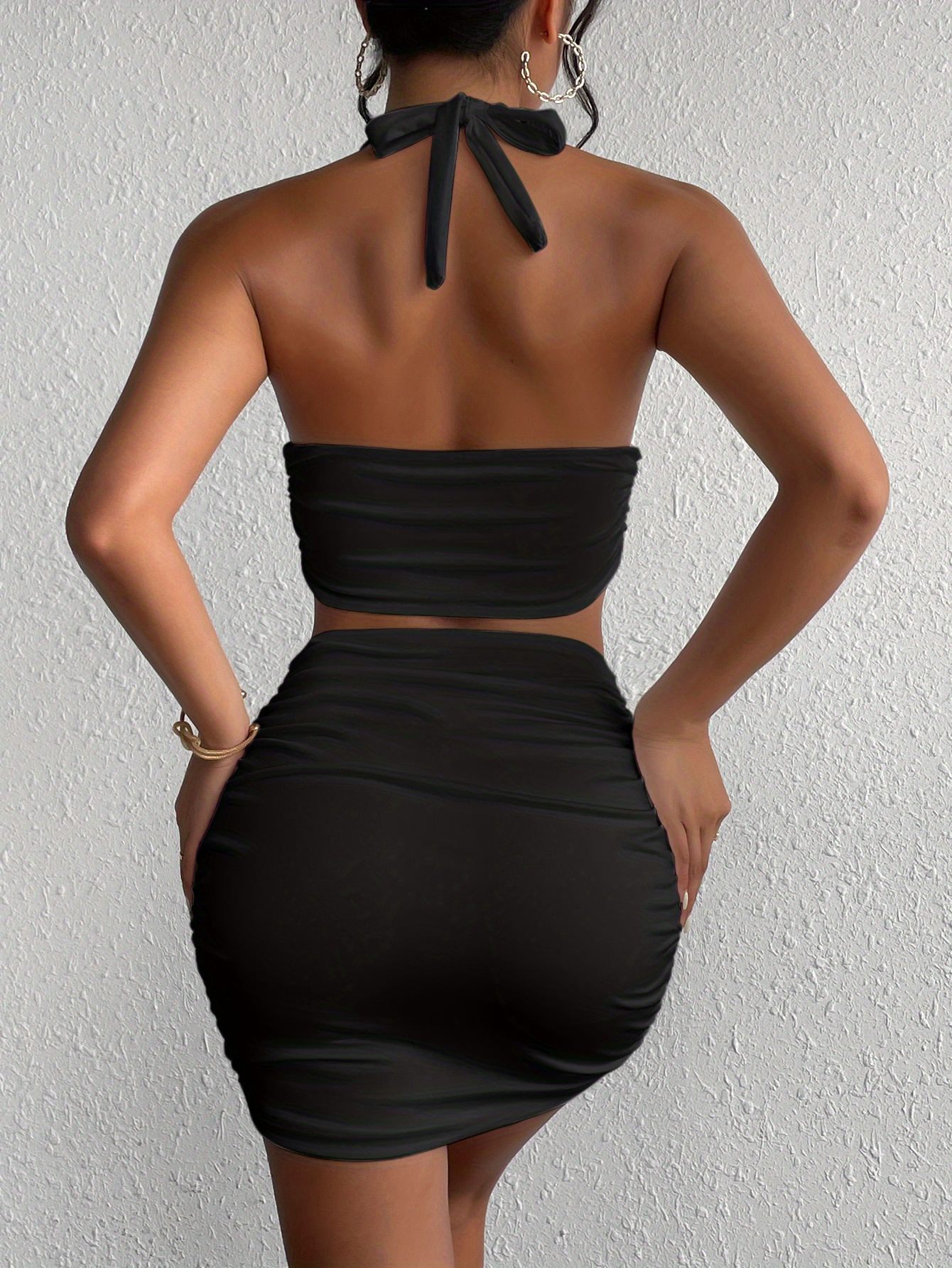 Elegant Solid Slim Two piece Skirt Set Halter Neck Backless - Temu