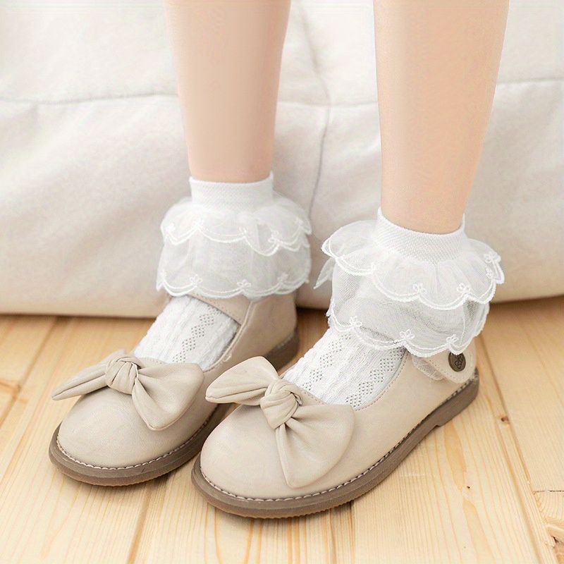 Girls Double Pleated Ruffle Lace Cotton Blend Socks Dress - Temu