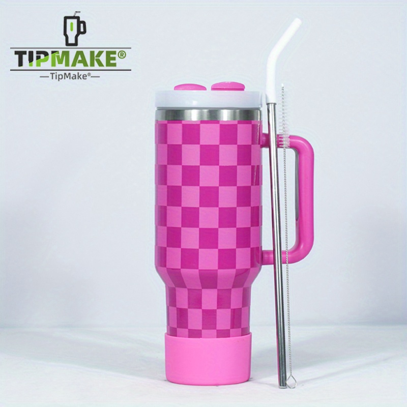 Plaid Pattern Pink Stainless Steel Water Vacuum Flask for Coffee or Tea,  Leak Proof Travel Mug, 17 Ounce Thermos