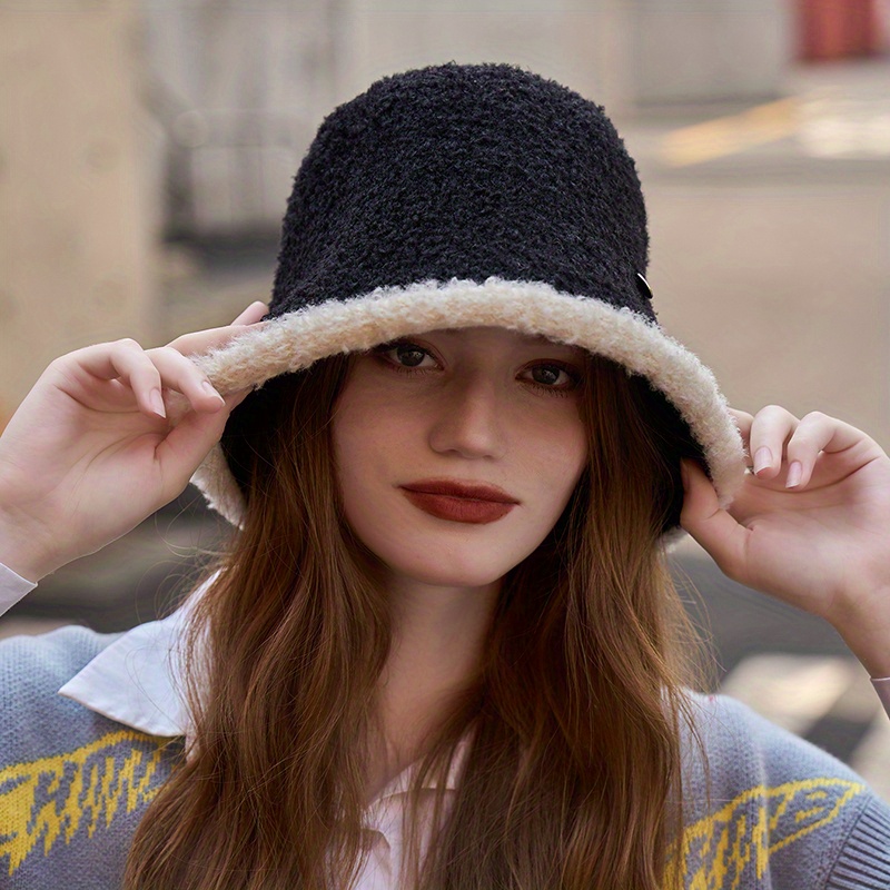 Elegant Warm Fleece Bucket Hat For Women Color Block Thick Plush Basin Hats  Lightweight Fisherman Cap