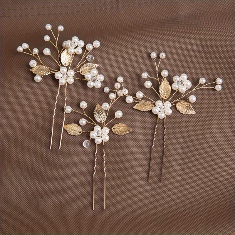 

3pcs Faux Pearl Bride Wedding Hair Pins Leaf Bridal Head Piece Flower Hair Accessories For Women And Girls