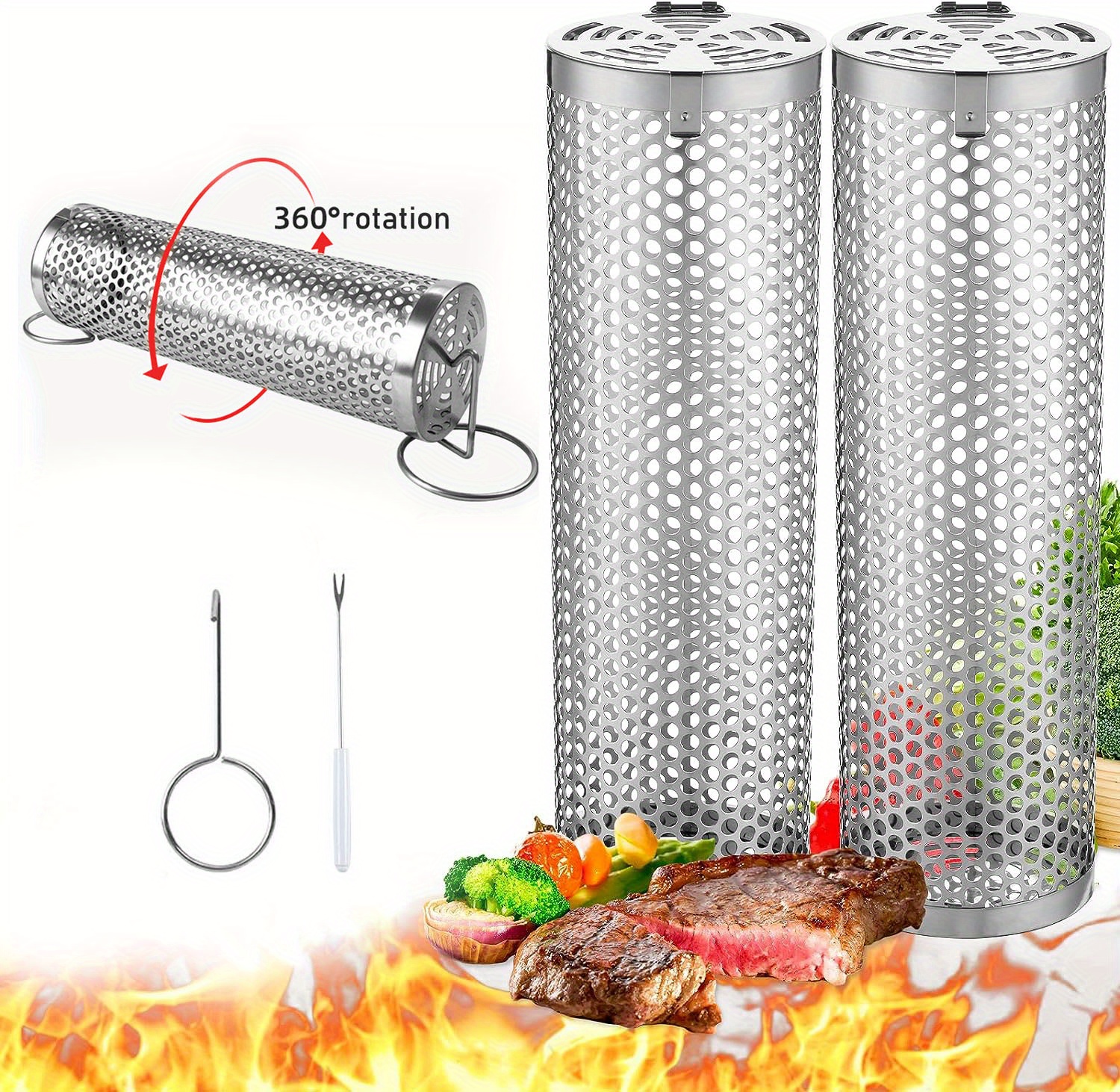 1pc Bbq Rolling Grill Basket Stainless Steel Grilled Cage Round