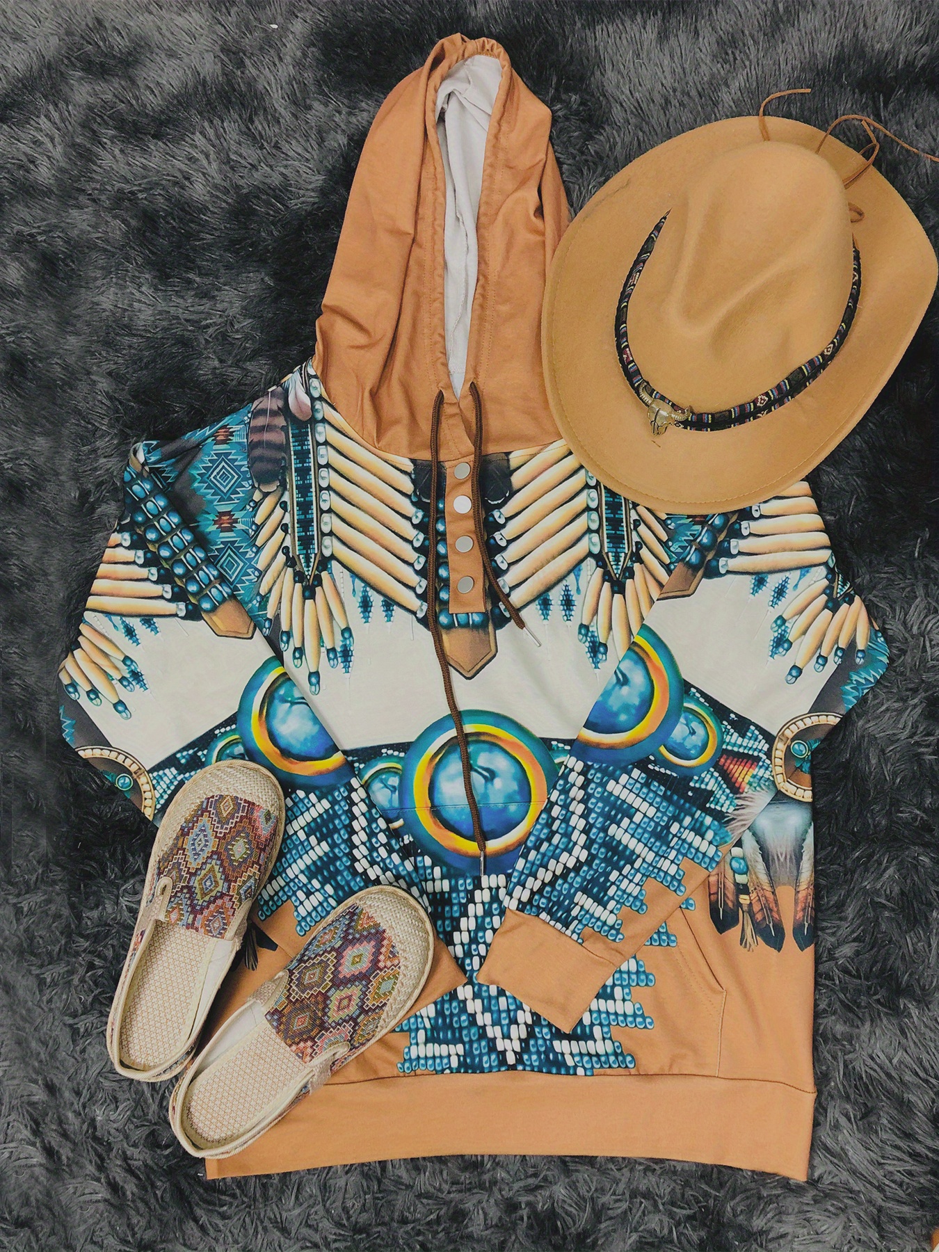 western ethnic print button hoodie vintage long sleeve drawstring hoodie sweatshirt womens clothing details 1