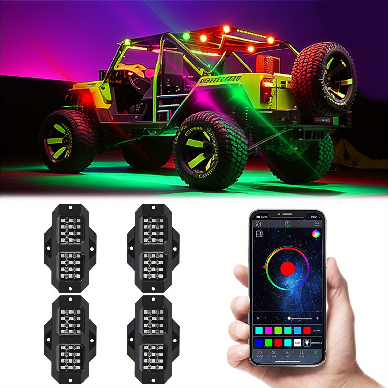 YCHOW-TECH RGB LED Rock Lights, 4 Pods High Bright Multilcolor Neon Light  with Phone App Control & Timing & Music Mode Rock Lights Waterproof