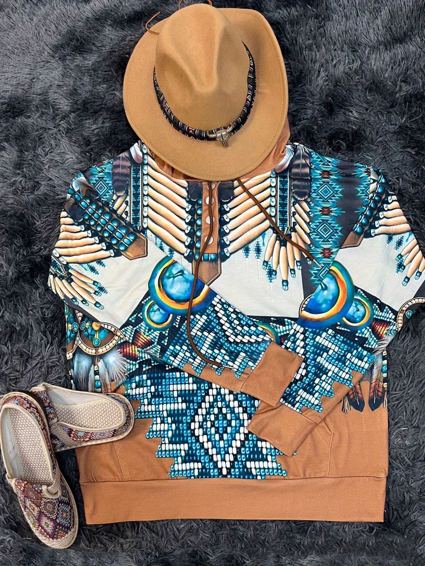 western ethnic print button hoodie vintage long sleeve drawstring hoodie sweatshirt womens clothing details 2