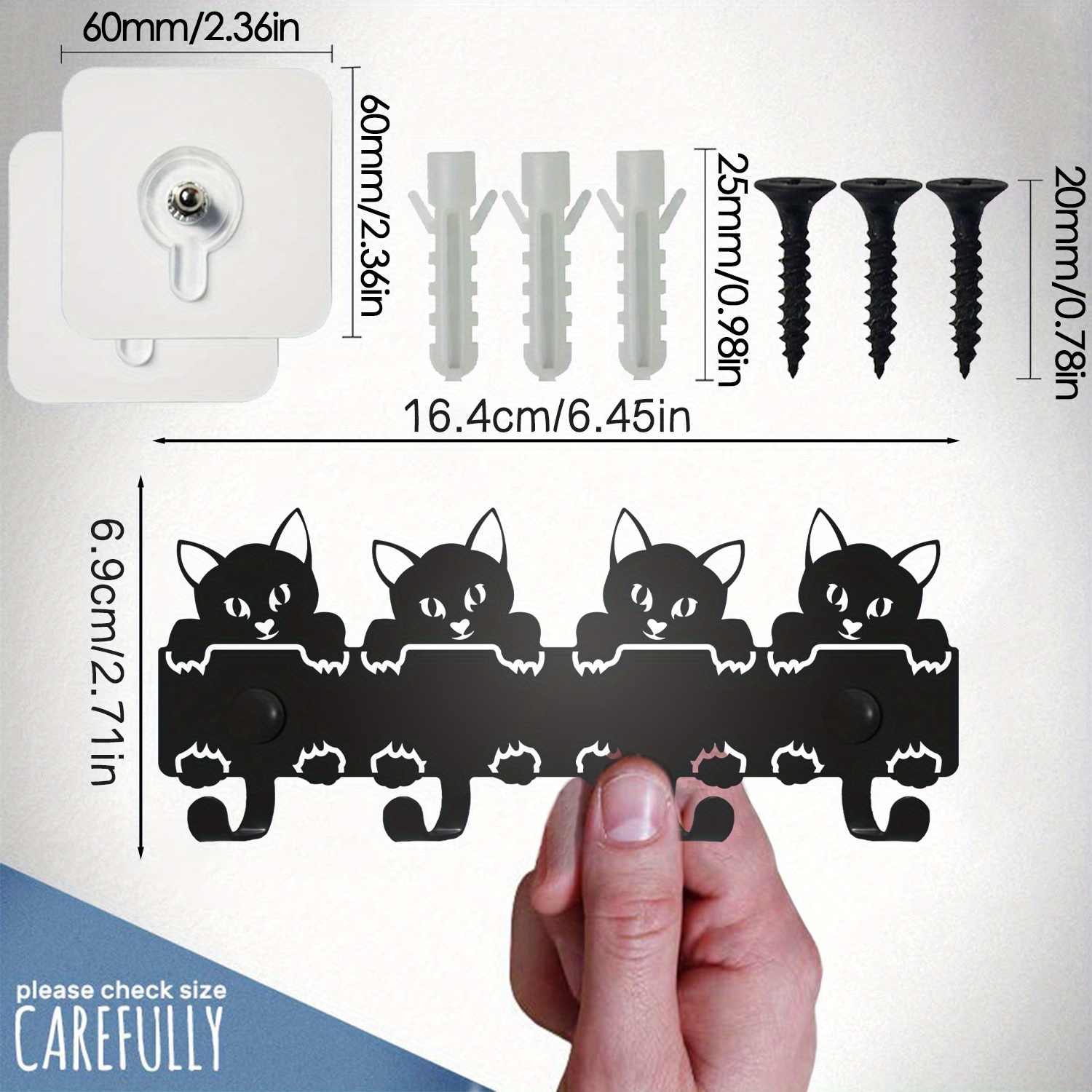 Pands Black Metal Cat Wall Hooks with 4 Hangers - Decorative Key Holder and Adhesive Mount, 9.45 x 6.3 INCHES.