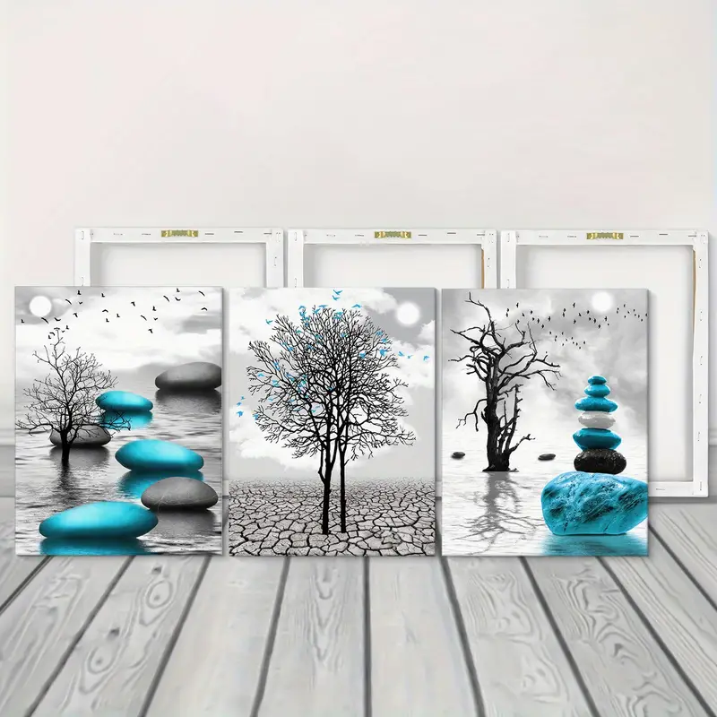 3pcs Framed Minimalist Style Canvas Paintings, Black And White Art  Landscape And Blue Stone Reflection Decorative Art Painting, Living Room  Home Offic