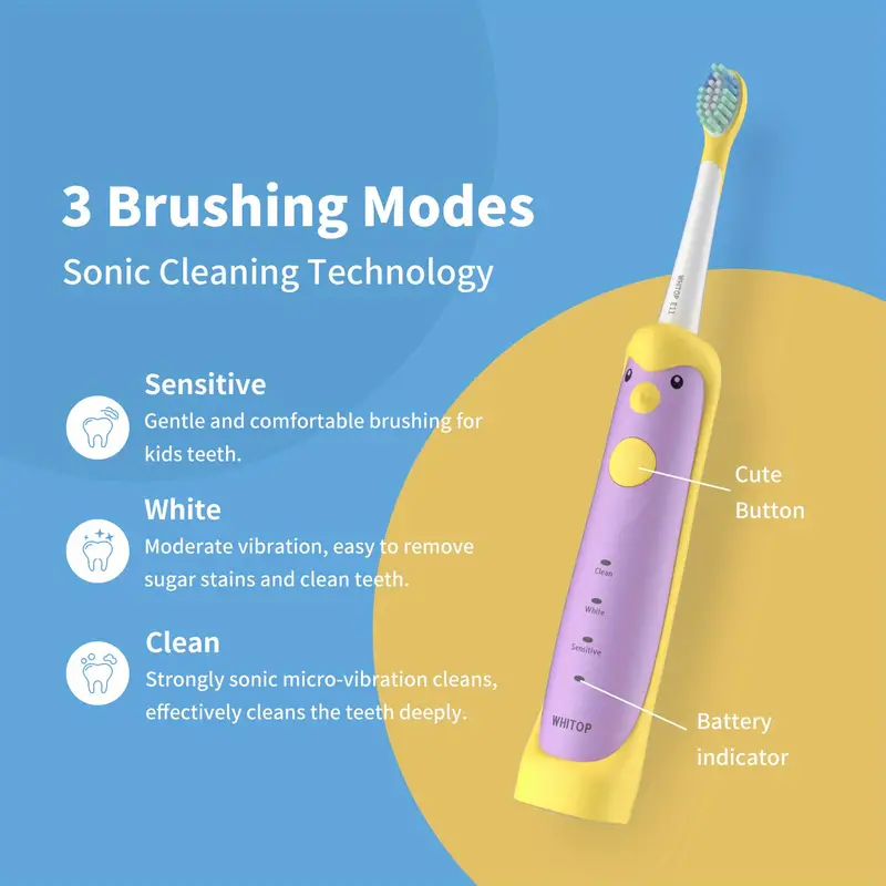 whitop ed01 avocado electric toothbrush for kids rechargeable sonic electronic power toothbrushes ipx8 waterproof 3 modes wireless charging automatic toothbrush for children boys and girls details 5