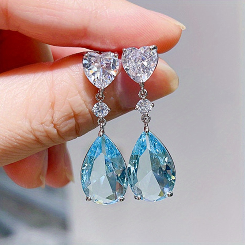 Image of Elegant Heart-shaped Drop Earrings For Women, Featuring Exquisite Blue And Green Synthetic Zirconia, Perfect For Engagements And Parties
