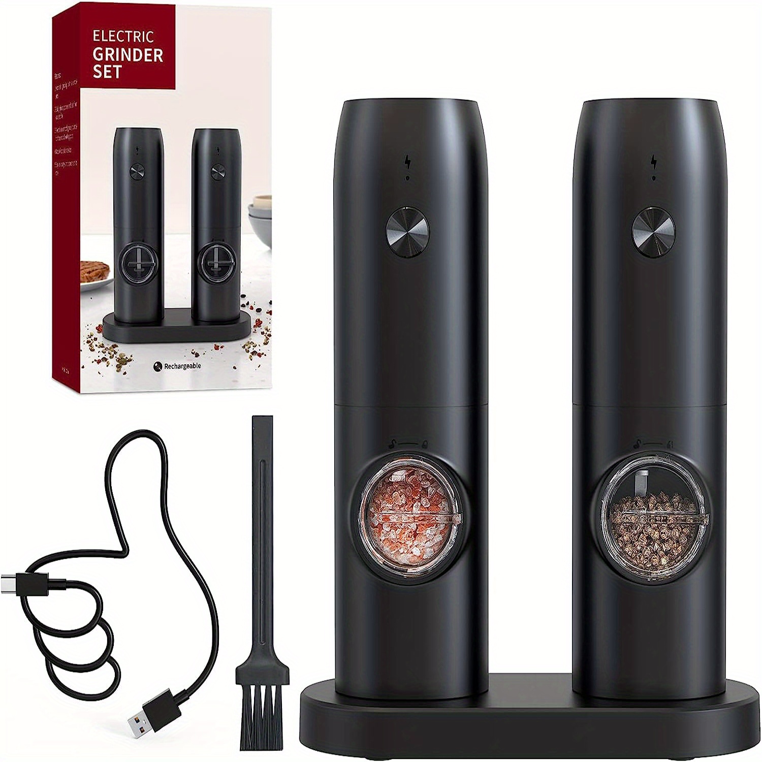 Electric Salt and Pepper Grinder Set of 2,automatic pepper mill,USB  rechargeable,Adjustable Coarseness,One-handed operation,ceramic  burr,refillable,Auto grinders with charging base LED light 