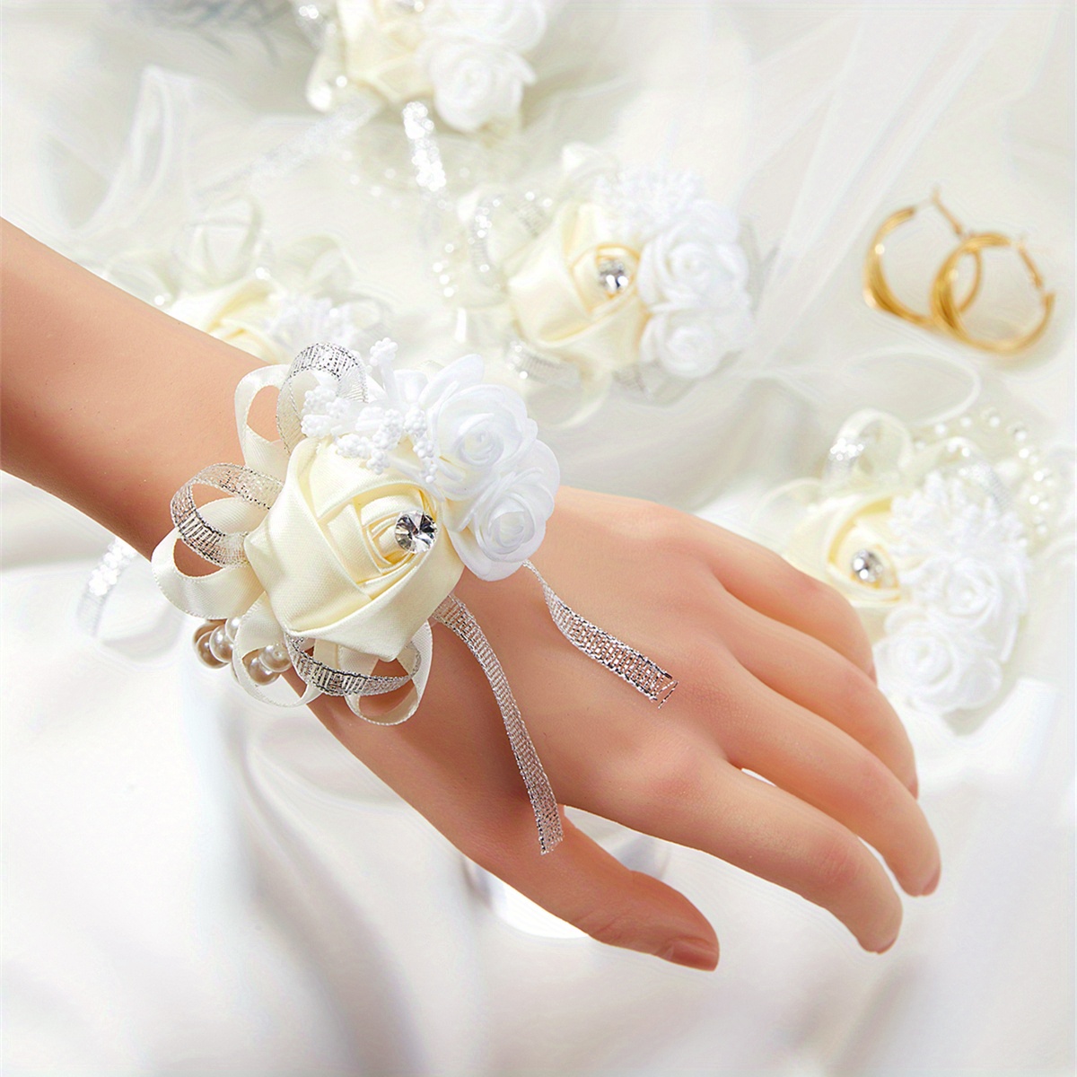 2pcs wrist corsages for bride bridesmaids wedding artificial silk rose faux pearls wrist corsage for women wedding bridal shower bride and groom s mother prom formal dinner party homecoming ceremony anniversary wrist flower decor
