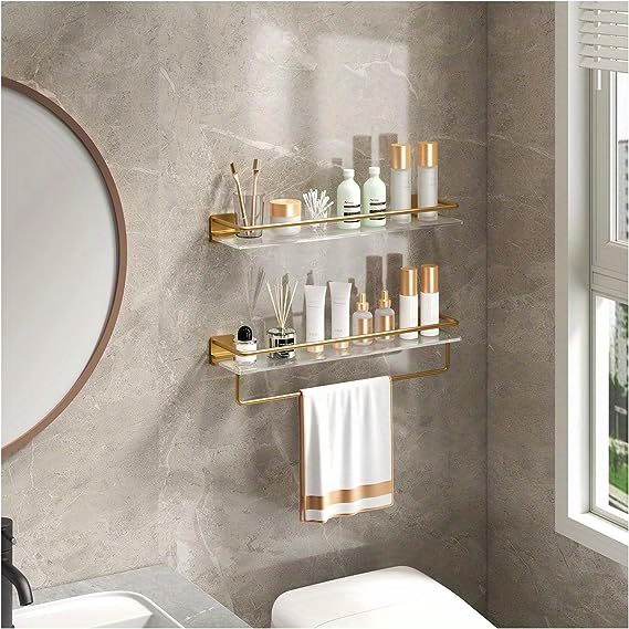 Wall Mounted Bathroom Shelf w/ Towel Bar, Gold & White