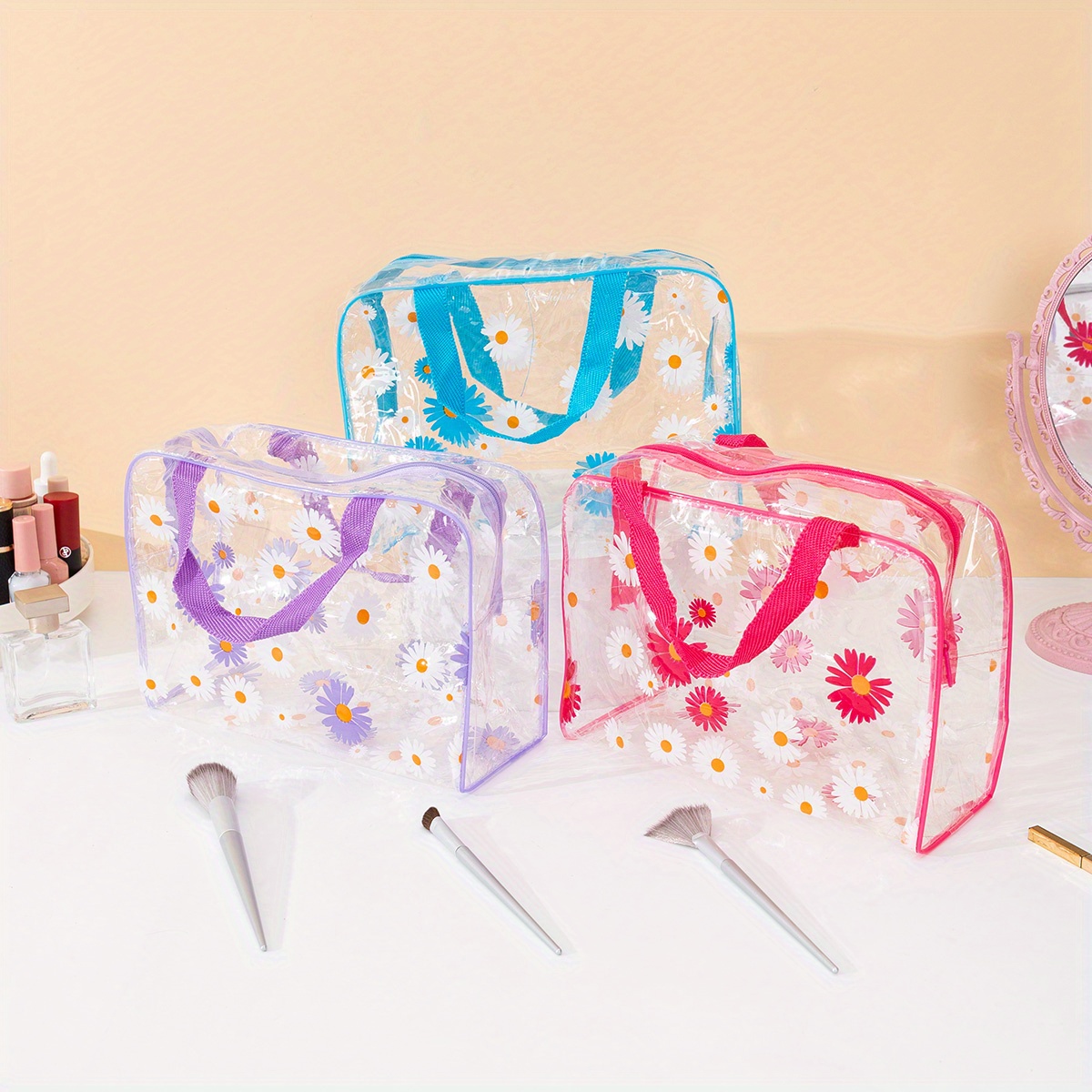 Pvc Portable Small Chrysanthemum Splash-Proof Organizer Cosmetic Bag Make  Up Bag Storage Bags PURPLE 