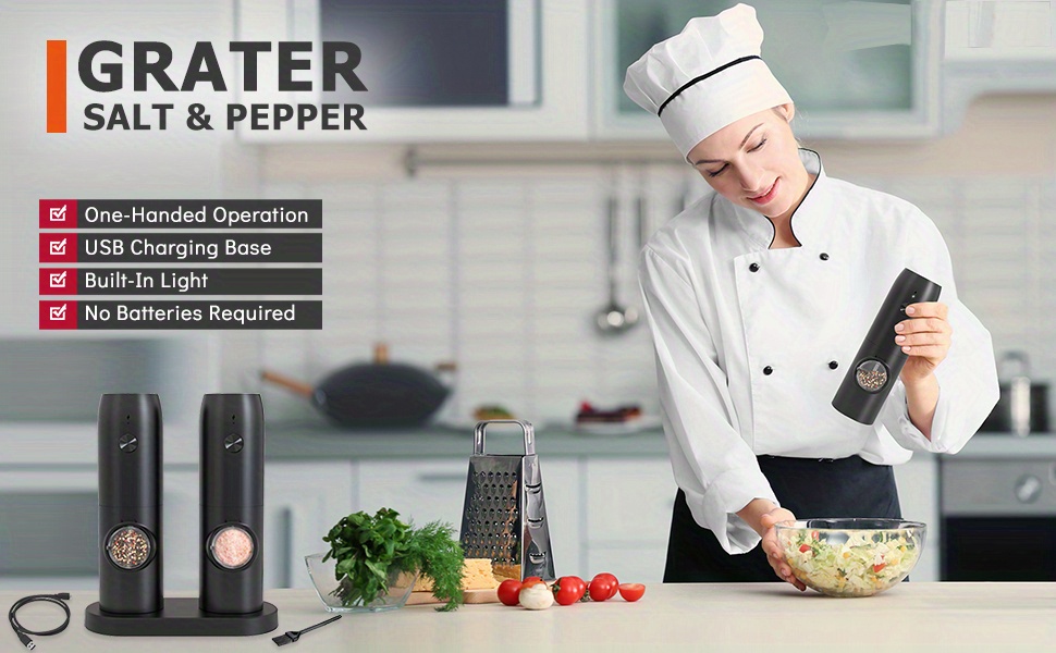 Electric Salt and Pepper Grinder Set 2 Mills Rechargeable with Charging  Base USB