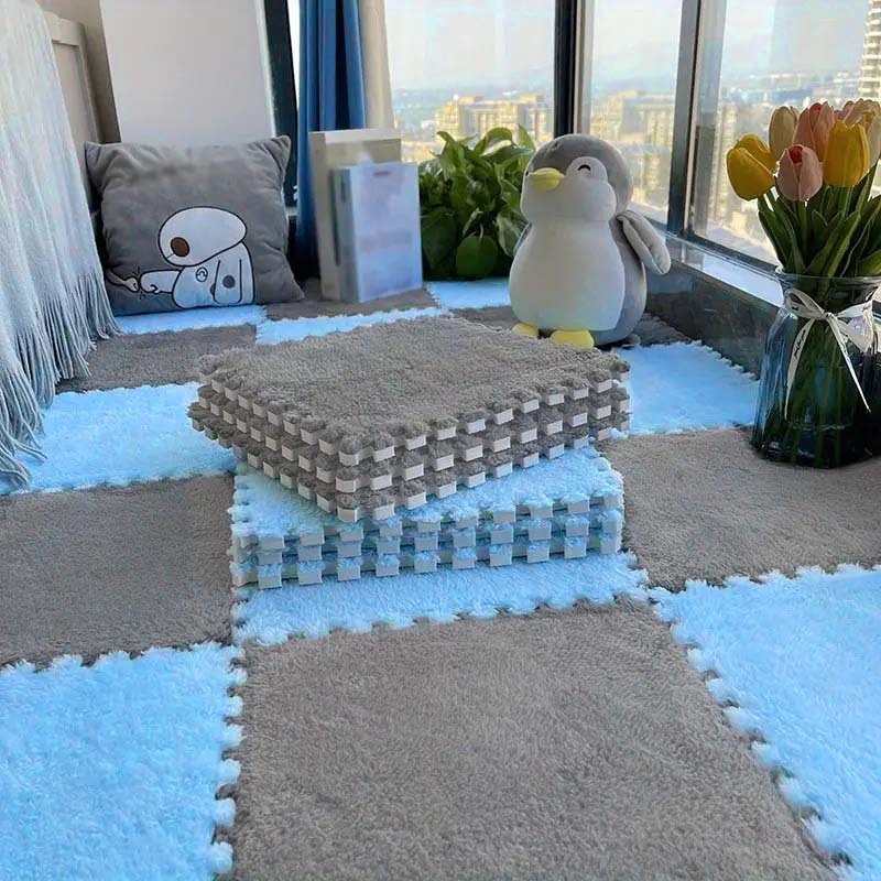 Xinhuadsh Floor Mat Solid Color Plush Dry Feet Floor Tiles Rug  Tear-resistant Protective Square Washable Bedroom Puzzle Rug Living Room Mat