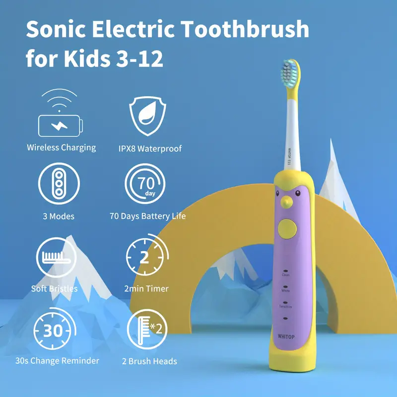 whitop ed01 avocado electric toothbrush for kids rechargeable sonic electronic power toothbrushes ipx8 waterproof 3 modes wireless charging automatic toothbrush for children boys and girls details 6