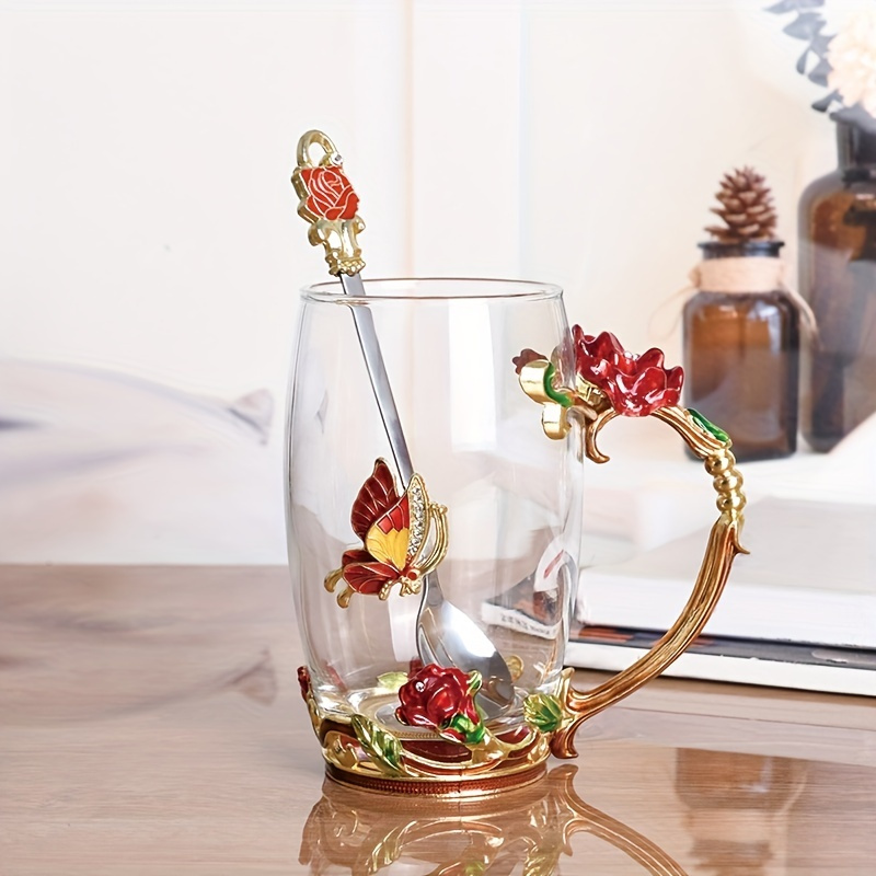 8oz stock clear glass tea mugs with rose flower designs classic glass cups  with handle Middle East style glass