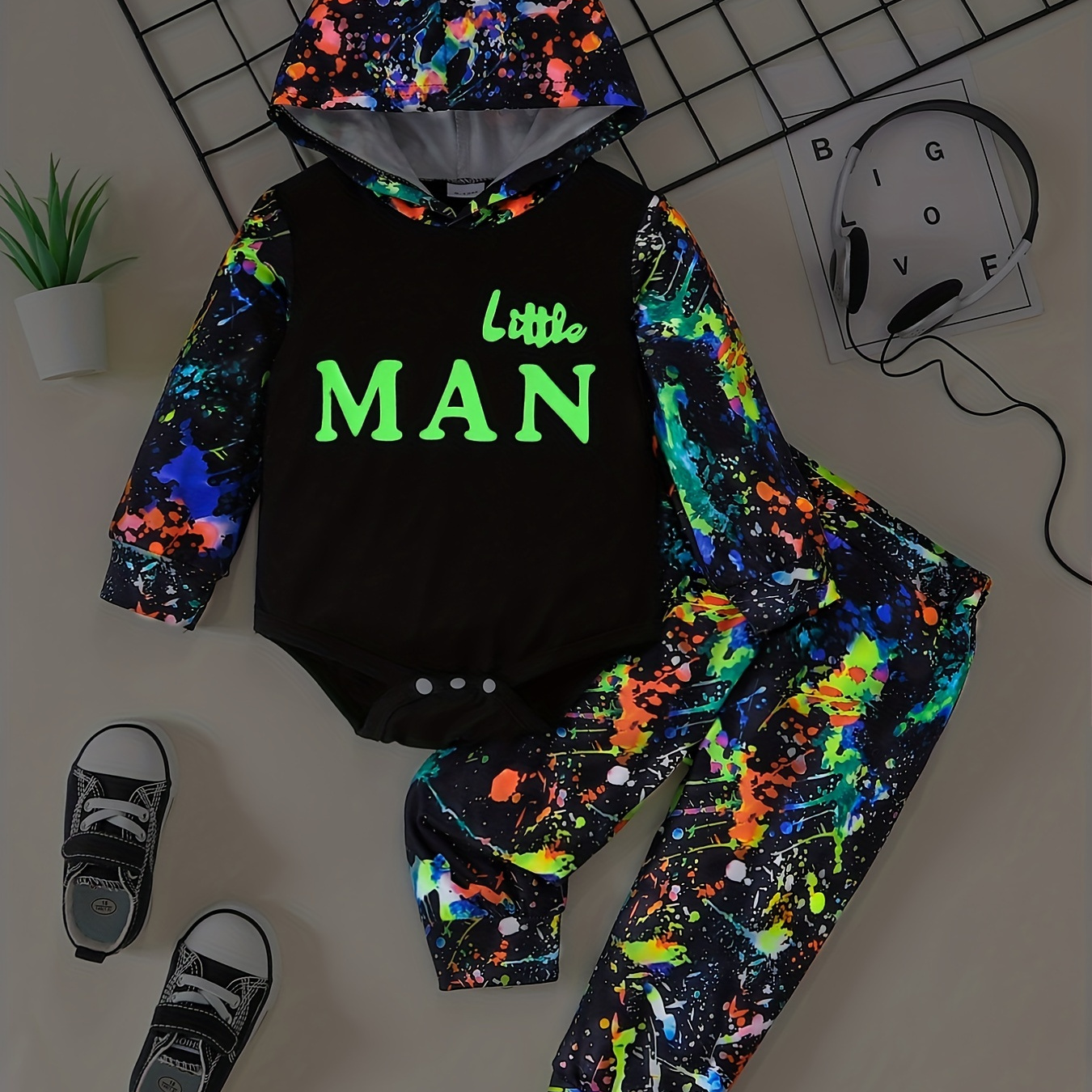 

Luminous Letter Print Trendy Casual Outfit, Hooded Long Sleeve Romper Top + Colorful Pants Set