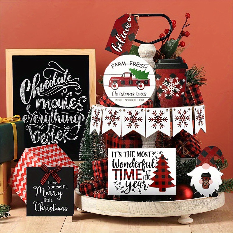 11PC Christmas Tiered Tray Decor Wooden Signs, Red Plaid Believe Christmas  Table Decor Rustic Farmhouse Christmas Decor for Home Kitchen Tabletop