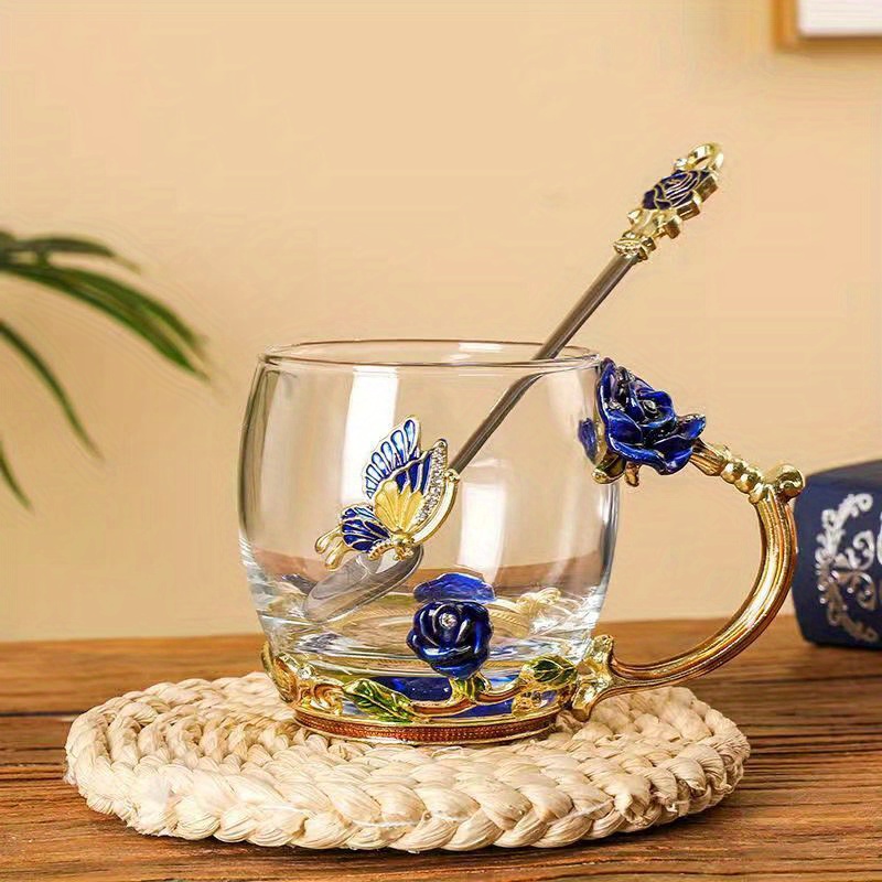 Crystal Glass Tea/Coffee Mug | Rose Quartz | 11oz | Gold Finish
